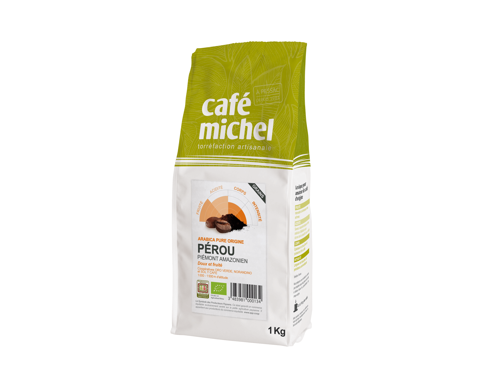 Pur arabica Pérou en grains biologique et équitable 1kg - Café Michel