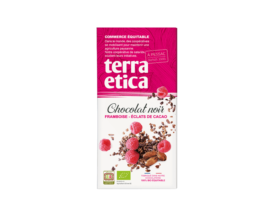 Terra Etica - Chocolat noir bio à la framboise et éclats de cacao issu du Commerce équitable