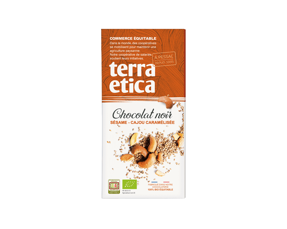 Terra Etica - Tablette de chocolat noir au sésame et cajou caramélisée bio et issue du commerce équitable