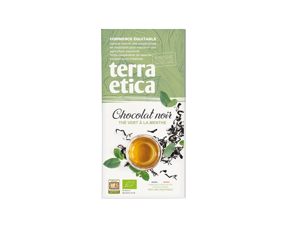 Terra Etica - Tablette de chocolat noir au thé vert à la menthe bio et issues du Commerce équitable