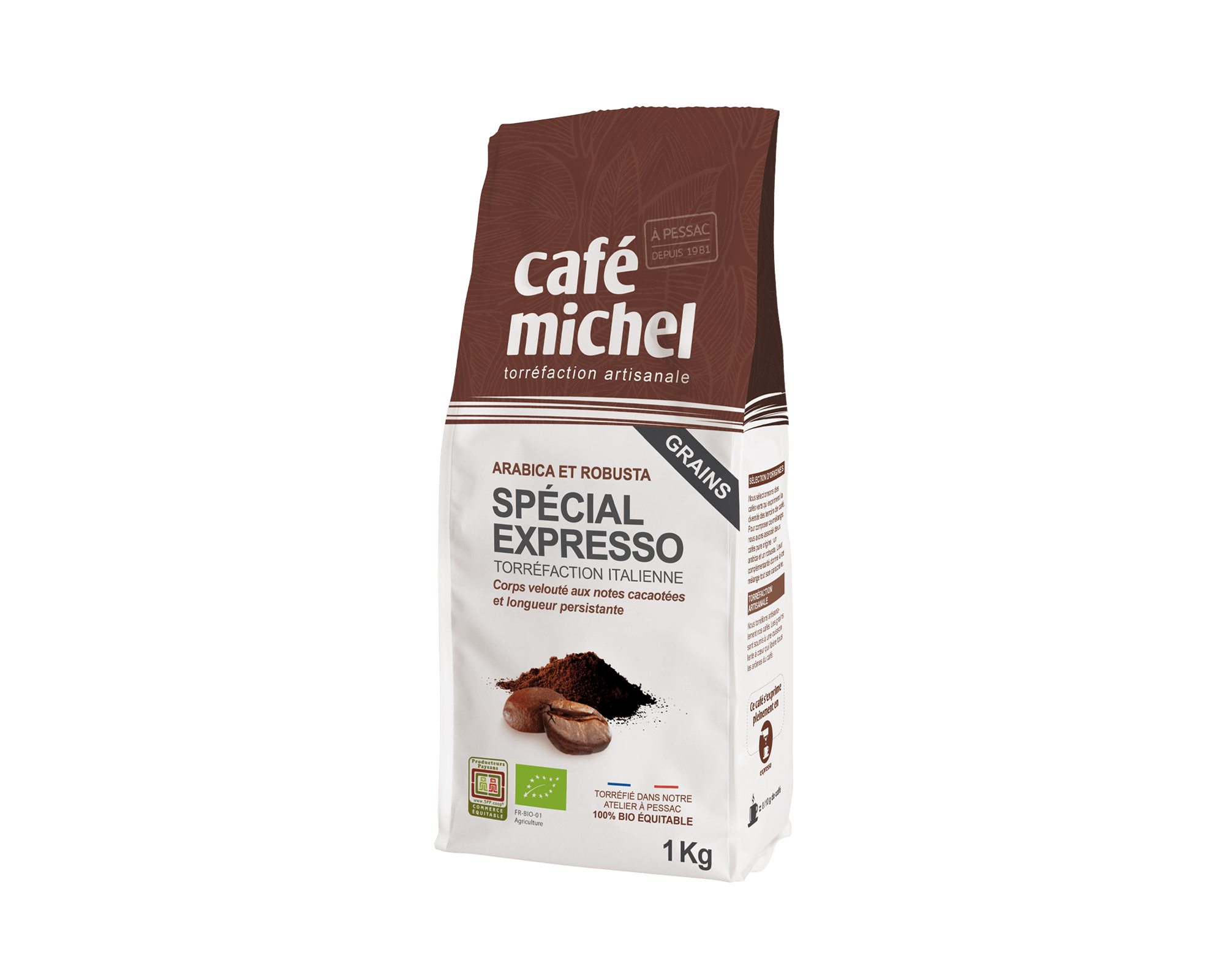 Café Michel - Mélange d'arabica et de robusta Spécial Expresso en grains bio et équitables - paquet 1kg