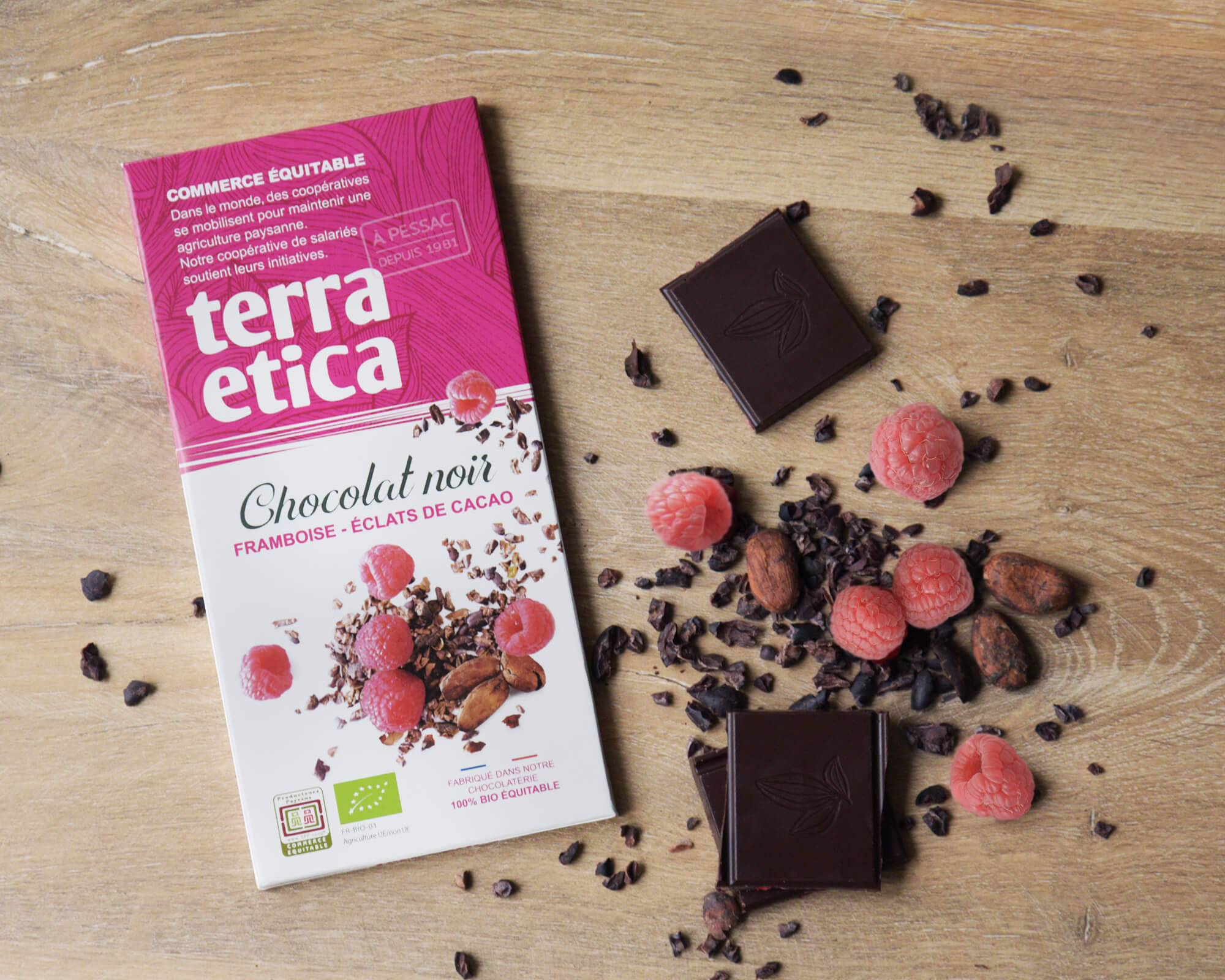 Terra Etica - Chocolat noir bio à la framboise et éclats de cacao issu du Commerce équitable