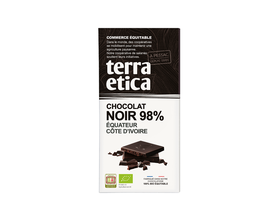 Terra Etica - Chocolat Noir bio 98% de cacao d'Equateur et de Côte d'Ivoire, issu du commerce équitable