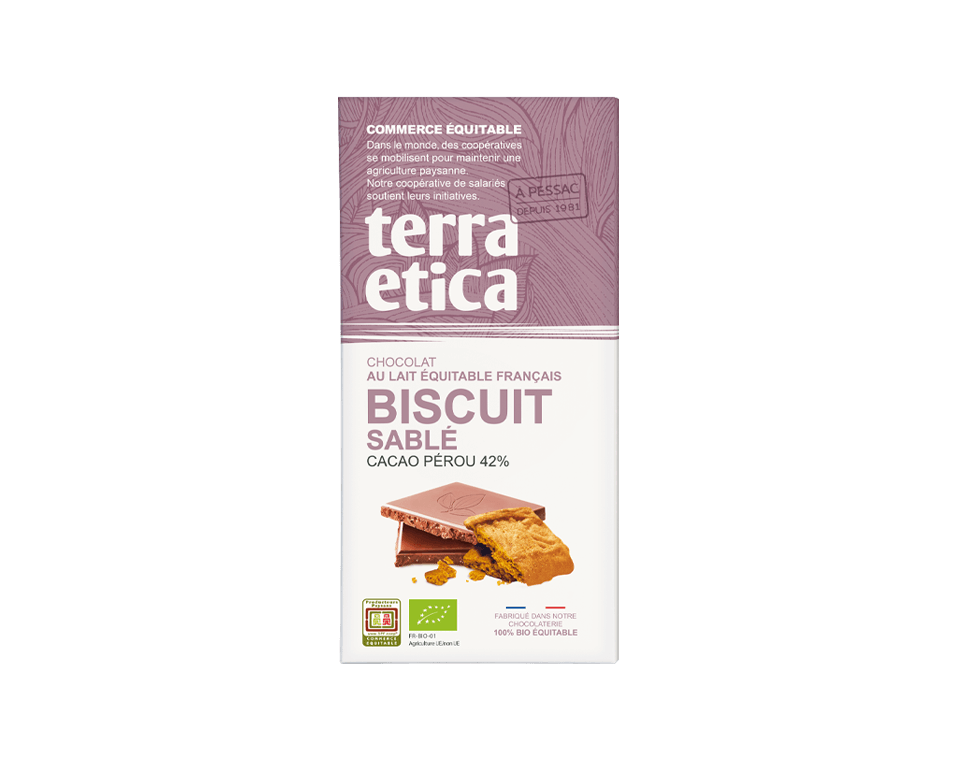 Terra Etica - Tablette de chocolat Lait bio 42% cacao du Pérou au biscuit équitable