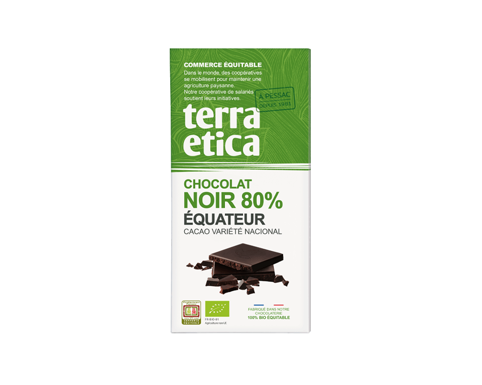 Terra Etica - Tablette chocolat noir bio 80% de cacao d'Equateur issu du commerce équitable