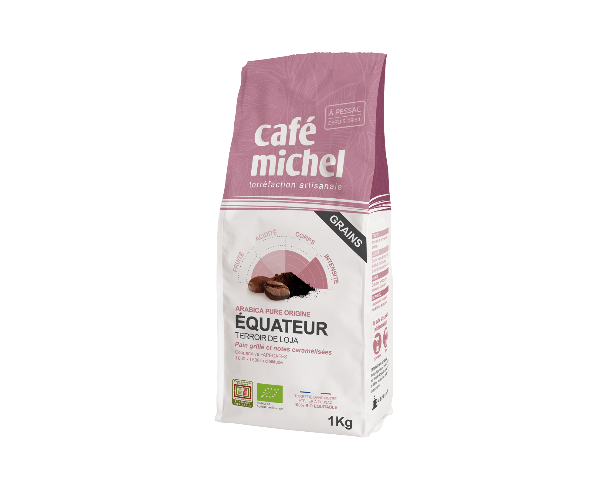 Pur arabica d'Équateur en grains biologique et équitable 1 kg - Café Michel